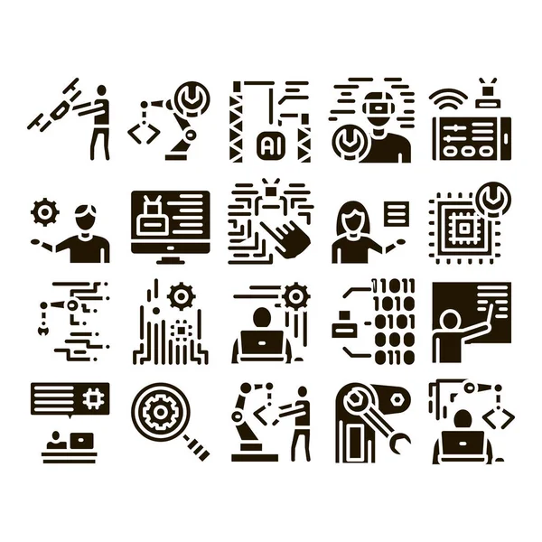 Robótica Master Glyph Set Vector Trabajador Humano Con Máquina Del — Archivo Imágenes Vectoriales