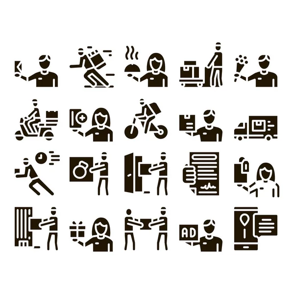 Entrega Mensajería Job Glyph Set Vector Thin Line Mensajero Vespa — Vector de stock