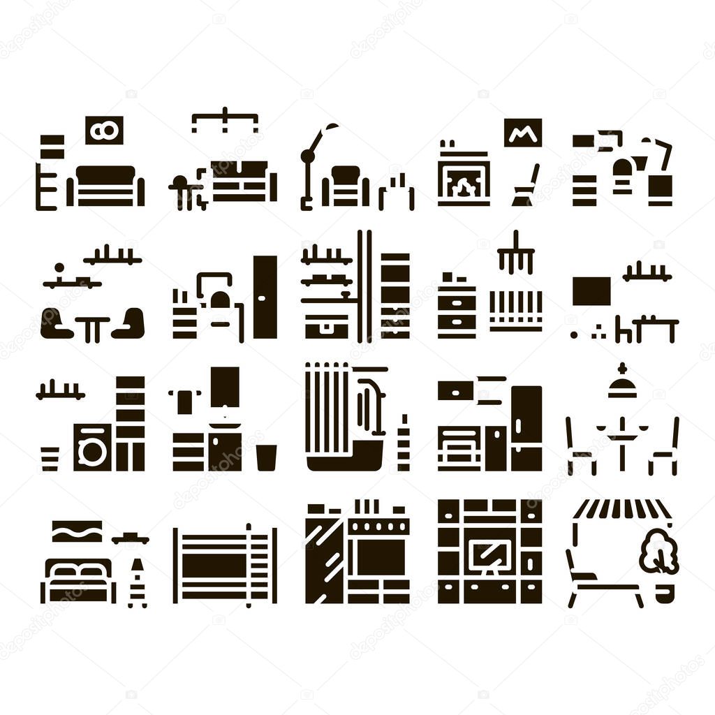 Home Rooms Furniture Glyph Set Vector Thin Line. Sofa And Table, Lamp And Chair, Fireplace And Rocking-chair Home Rooms Interior Glyph Pictograms Black Illustrations