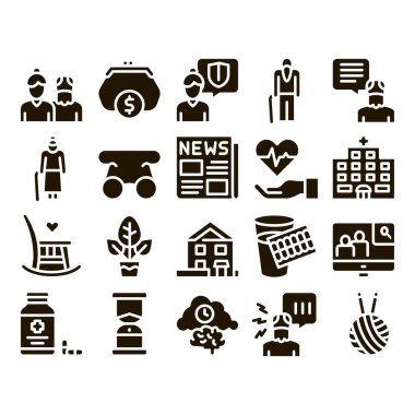 Yaşlılar Emeklisi Glyph Vektör İnce Çizgisi Belirledi. Yaşlılar için ilaç hapları, gözlük, hastane, gazete ve bitki şekilli resimli resimler.