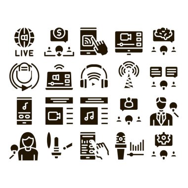 Podcast ve Radyo Glyph Vektör İnce Hattını Ayarlayın. Internet Global Canlı Yayın Podcast, Kulaklıklar, Mikrofon ve Anten Glifi Siyah Resimler