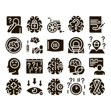 Alzheimer Hastalıkları Kabartması Vektör İnce Çizgisini Ayarla. Beyin ve Uyuşturucu, Tekerlekli Sandalye ve Alzheimer Hastalığı Çizimleri Siyah Çizimler