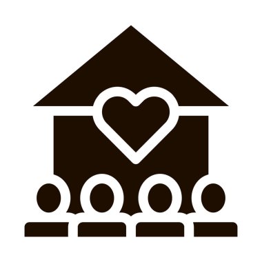 Gönüllüler Meclis Vektör Simgesini Destekliyor. Gönüllüler Destek, Yardım Organizasyonları Pictogram. Heart On Building, People Silhouette Kan Bağışı Yarışması İllüstrasyonu