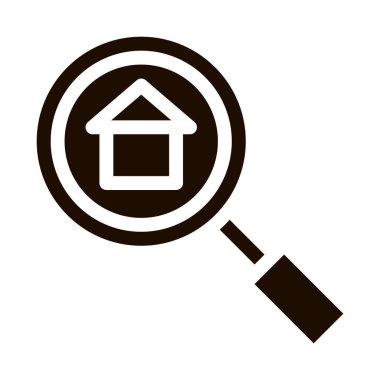 Büyüteç Arama Özellikleri Vektör Simgesi. Magnifier Pictogram 'daki Ev Binası. Emlak İpoteği, Kira, Apartman Apartmanı Satın Alma veya Satma Tek Renkli Çizim