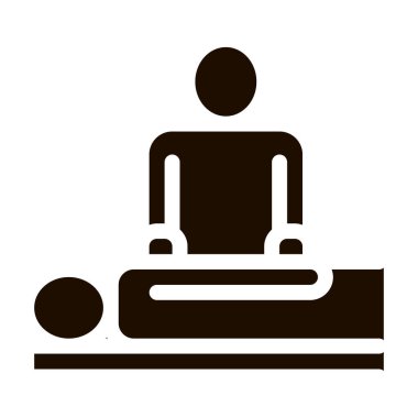 Hasta silueti simgesi olan ortopedik masör. Ortopedik ve Travma Rehabilitasyon, Yaka ve Aylaklar Pictogram. Tıbbi Rehabilitasyon Malzemeleri Tek Renkli Çizim