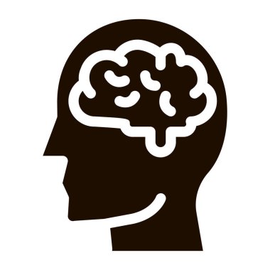 Çoğunlukla Bulutlu Bulutlar İnsan Silüetinde Zihin simgesi. Gear ve Brain, Heart and Shield, Padlock ve Magnifier Pictogram. Siyah ve Beyaz Şablon Çizimi