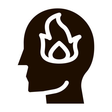 İnsan siluetinde alev alev yanan ateş zihin simgesi. Gear ve Brain, Heart and Shield, Padlock ve Magnifier Pictogram. Siyah ve Beyaz Şablon Çizimi
