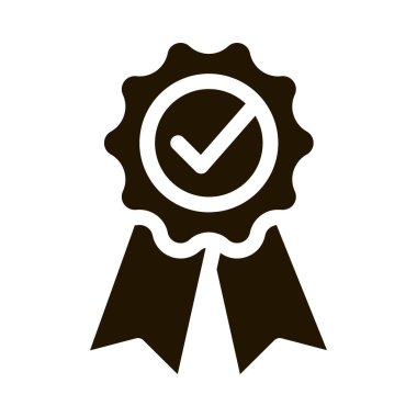 Kurdeleli Madalya Sıralaması Mark Glyph simgesini onayladı. Karton Kutudaki Onaylı İmza, Bilgisayar Monitörü ve Akıllı Telefon Görüntü Pictogramı. Monokrom İllüstrasyonu