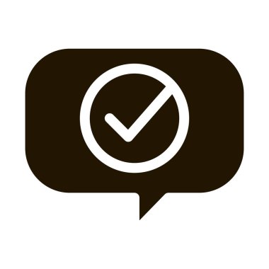 Onaylanmış Mark Glyph simgesi ile Konuşma Çerçevesi. Belge Dosyasındaki Onaylı İmza, Bilgisayar Monitörü ve Akıllı Telefon Görüntüleme Pictogramı. Monokrom İllüstrasyonu