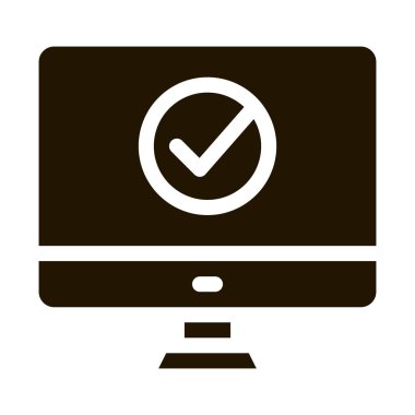 Bilgisayar İzleyici ve Onaylanmış İşaret simgesi. Belge Dosyası, Koruma Kalkanı ve Akıllı Telefon Görüntüleme Pictogramı Onaylandı. Monokrom İllüstrasyonu