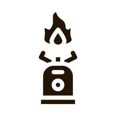 Pişirme simgesi için Ateşli Gaz Silindiri. Pusula, Dağ Yön ve Yanan Dağcılık Dağcılık Teçhizat Pictogramı. Contour Illustration