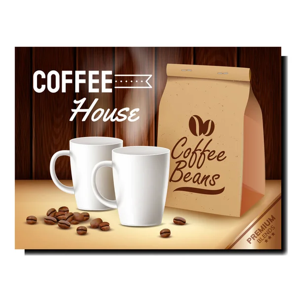 Coffee House Creative Promotional Poster Vector Eco Kaffeebohnen Leere Tassen — Stockvektor