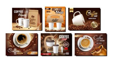 Kahve Dükkanı Tahsilat Tanıtım Posterleri Vektörü. Kahve çekirdekleri, boş bardaklar, paket ve sıcak içecek reklamları için kağıt tutucu. Biçim Rengi Kavram Şablonu Resimleri