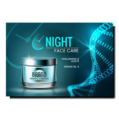 Gece Yüzü Yaratıcı Tanıtım Posteri Vektörü. Reklam Pazarlama Sancağında yüz bakım kremi boş şişesi. Koruyucu Kozmetik Konteynır Biçimi Renk Konsepti Şablon Resimlemesi
