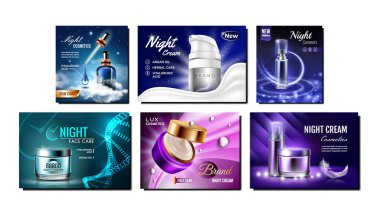 Gece Kremi Yaratıcı Reklam Posterleri Set Vektörü. Kozmetik Krem Kutuları ve Şişeler, Sprey Pompa ve Pipette Reklam Sancakları. Biçim Rengi Kavram Şablonu Resimleri