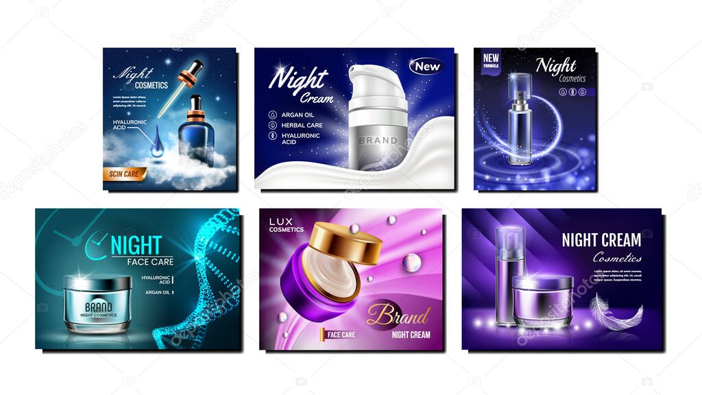Night Cream Creative Promo Posters Set Vector. Cosmetics Cream Blank Containers And Bottles, With Spray Pump And Pipette Advertising Marketing Banners. Style Color Concept Template Illustrations