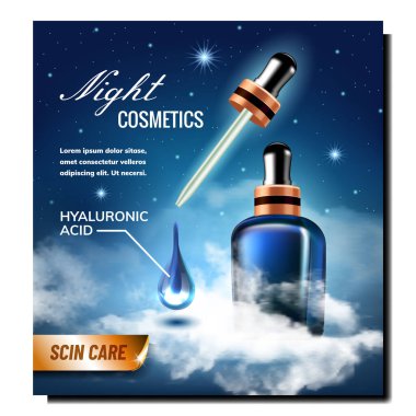 Gece Kozmetik Yaratıcı Tanıtım Posteri Vektörü. Hyaluronic Asit Kozmetik Şişesi Pipette Reklam Reklam Sancağıyla. Cilt Bakımı Sıvısı Biçimi Renk Konsepti Şablonu İllüstrasyonu