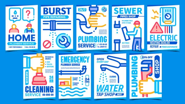 Loodgieter Service Creative Promo Posters Set Vector Riolering Pijp Sanitair — Stockvector