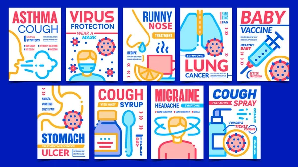 Disease Treatment Promo Posters Set Vector Dalam Bahasa Inggris Asma - Stok Vektor