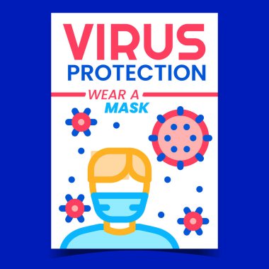 Virüs Koruma Maskesi Yaratıcı Reklam Sancakları Vektörü. Koruyucu Yüz Maskesi Reklam Posterli İnsan. Coronavirus Covid-19 ya da Grip Hastalığı Konsept Renk Çizimini Koruyun