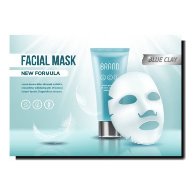 Yüz Maskesi ve Krem Yaratıcı Reklam Sancak Vektörü. Tüyler, Krem Kozmetik Tüpü ve Maske Yüzlü Cilt Bakımı Reklam Ürünleri Posteri. Biçim Rengi Konsepti Şablon Resimlemesi