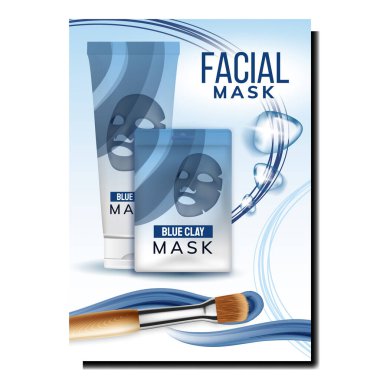 Yüz Maskesi Kozmetikçisi Tanıtım Posteri Vektörü. Yüz Maskesi Boş Sachet ve Krem Tüpü, Makyaj Fırçası ve Reklam Pazarlama Sancağına Su Damlaları. Biçim Rengi Konsepti Şablon Resimlemesi