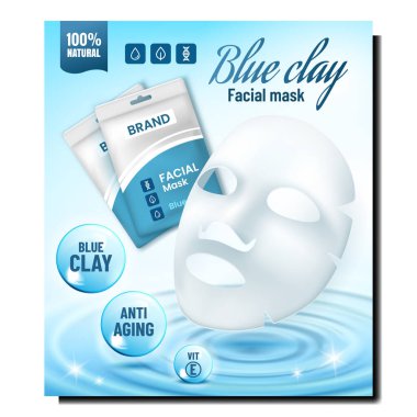 Mavi Clay Yüz Maskesi Yaratıcı Reklam Sancak Vektörü. Anti Yaşlanma Maskesi Boş Torba Yüzlü Cilt Temizleme Güzellik Salonu Aksesuar Pazarlama Posteri. Biçim Rengi Konsepti Şablon Resimlemesi