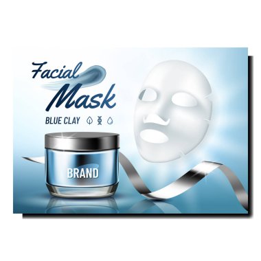 Yüz Maskesi Spa Kozmetik Tanıtım Posteri Vektörü. Mavi Clay Maskeli Kağıt Çarşaf, Cilt Kremi Boş Konteynır ve Kurdele Reklam Sancağı. Biçim Rengi Konsepti Şablon Resimlemesi