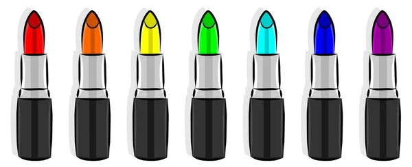 Multicolored vector illustration with black outline. Pattern on the theme of cosmetics and makeup. Set of images of lipsticks of all colors of the rainbow — Stock Vector