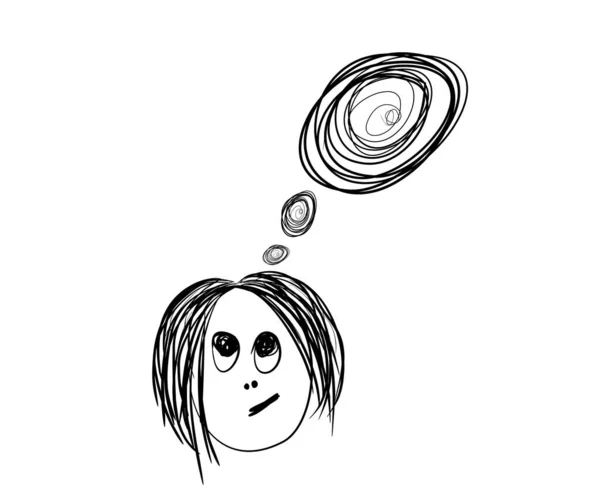 Czarno-białe ilustracje. Dziewczyna ze schematycznym przedstawieniem swoich myśli w formie bazgrołów. Szybki szkic kobiecej twarzy. — Zdjęcie stockowe