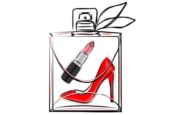 Illustration vectorielle tendance. Une image d'un flacon de parfum transparent avec du rouge à lèvres et des chaussures à talons hauts rouges à l'intérieur. Croquis glamour de la mode féminine — Image vectorielle