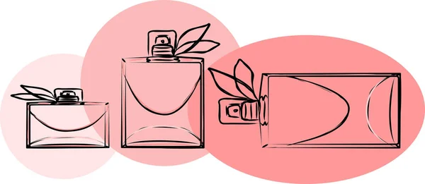 Ilustración vectorial de moda. Una imagen de frascos de perfume transparentes de diferentes tamaños y alturas sobre un fondo de círculos rosas. Esbozo glamuroso de la moda femenina — Archivo Imágenes Vectoriales