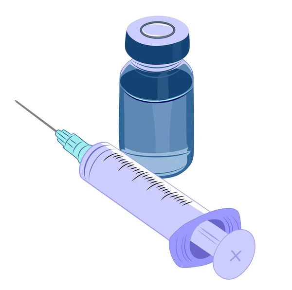 Ilustración vectorial sobre un tema médico. Imagen de una jeringa y un frasco con una vacuna contra el virus. Jeringa médica y frasco de vidrio con medicamento en la mesa — Archivo Imágenes Vectoriales