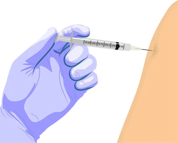 Ilustración vectorial sobre un tema médico. Imagen del proceso de inyección de la vacuna con una jeringa en el hombro Los médicos entregan guantes de goma azul y realizan una inyección contra una infección. — Archivo Imágenes Vectoriales