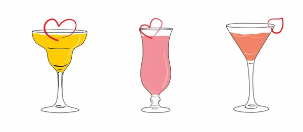 Vector image of silhouettes of three cocktails in glasses of different shapes with a romantic heart — Stock Vector