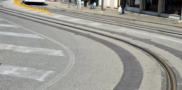 Carril Tranvía Una Curva Calle — Foto de Stock