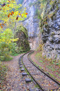 Guam Gorge demiryolu kayaların arasına çalışır. Rusya