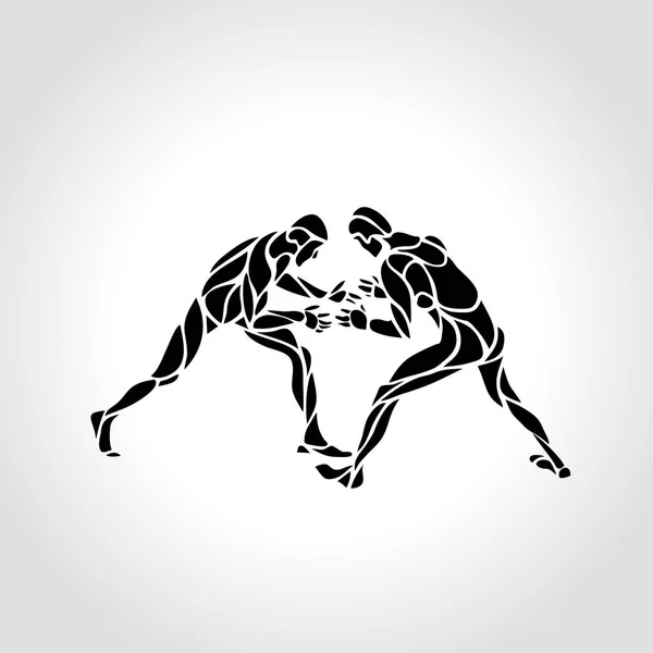 Greco esporte romano, jogo de luta. Vector Preto e Branco Freestyle Wrestling Ilustração — Vetor de Stock