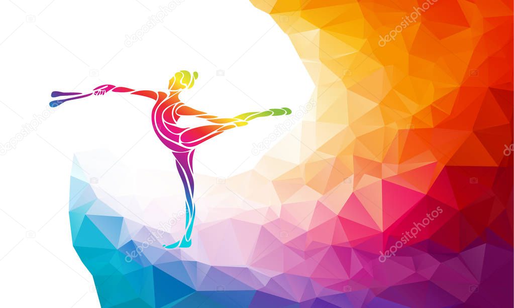 Creative silhouette of gymnastic girl. Art gymnastics with clubs