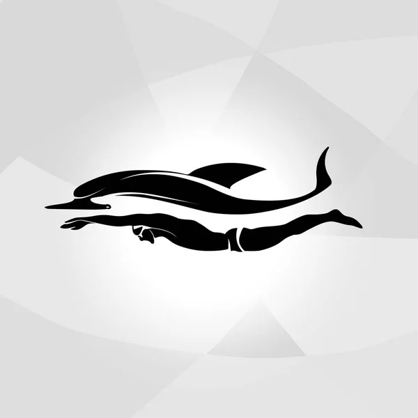 Profesional nadador delfín vector logotipo océano mar onda etiqueta — Vector de stock