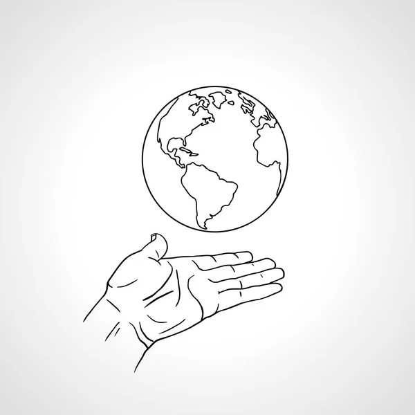 地球を持っている手。ヤシは世界中を保持します。環境の概念。手描きスケッチのベクトル図 — ストックベクタ