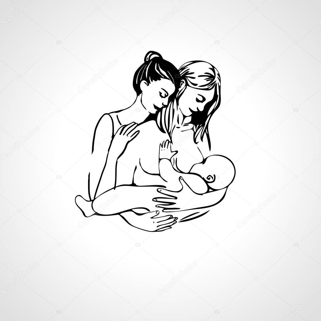 Gay lesbian couple with a baby. Hand drawn illustration
