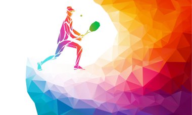 Tenisçinin yaratıcı silueti. Raket spor vektör illüstrasyonu veya pankart şablonu gökkuşağı arkası ile soyut renkli çokgen tarzında