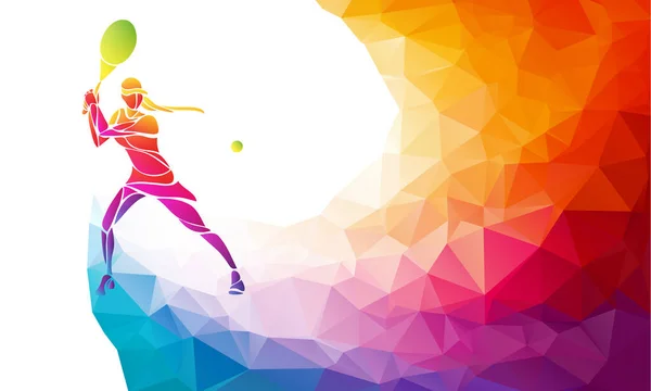 Silueta creativă a jucătoarei de tenis feminin. Racquet sport vector ilustrare sau șablon banner în stil poligon abstract colorat la modă cu curcubeu înapoi — Vector de stoc