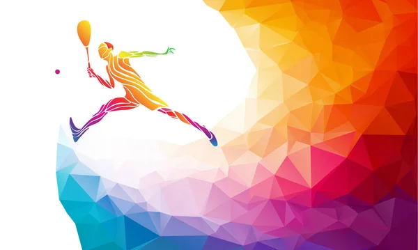 Silueta creativa de jugadora de tenis femenina. Raqueta deporte vector ilustración o plantilla de banner en el estilo de polígono de colores abstractos de moda con arco iris espalda — Vector de stock