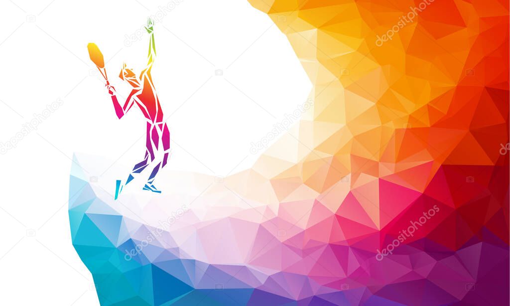 Creative silhouette of tennis player. Racquet sport vector illustration or banner template in trendy abstract colorful polygon style with rainbow back