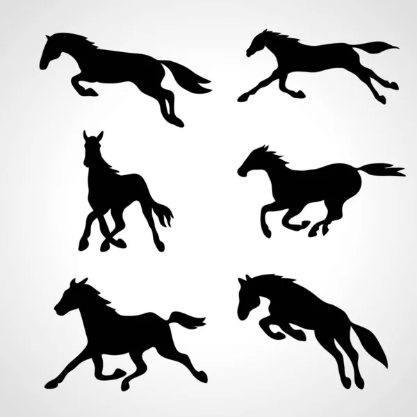 Rennend paard. Set van zwarte silhouetten. Vectorillustratie. — Stockvector