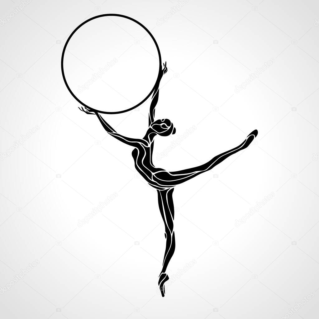 Rhythmic Gymnastics with Hoop black Silhouette on white background. Fymnastics monogram label. Vector illustration. eps 10