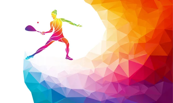 Kreative Silhouette einer Squash-Spielerin. Racquet Sport Vektor Illustration oder Banner Vorlage in trendigen abstrakten bunten Polygon-Stil mit Regenbogen zurück — Stockvektor