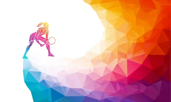 Kreative Silhouette einer Tennisspielerin. Racquet Sport Vektor Illustration oder Banner Vorlage in trendigen abstrakten bunten Polygon-Stil mit Regenbogen zurück — Stockvektor